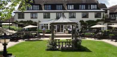 Stunning outdoor terrace and garden at DoubleTree By Hilton Oxford Belfry.