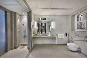 Guest bathroom at Hilton Dubai Al Habtoor City.