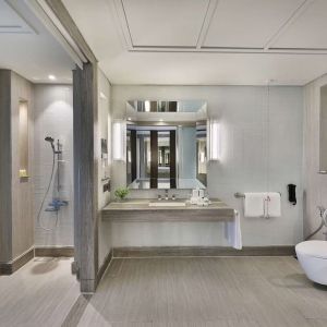 Guest bathroom at Hilton Dubai Al Habtoor City.