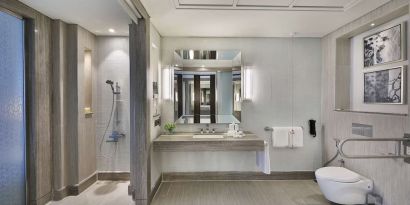 Guest bathroom at Hilton Dubai Al Habtoor City.