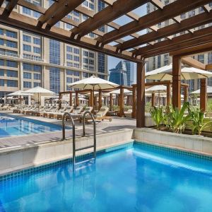 Three outdoor pools at Hilton Dubai Al Habtoor City.