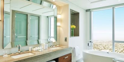 Spacious guest bathroom at Hilton Dubai Al Habtoor City.