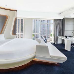 Day room with round bed at V Hotel Dubai.