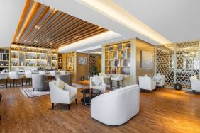 Lobby and coworking area at V Hotel Dubai.