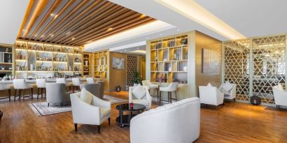 Lobby and coworking area at V Hotel Dubai.