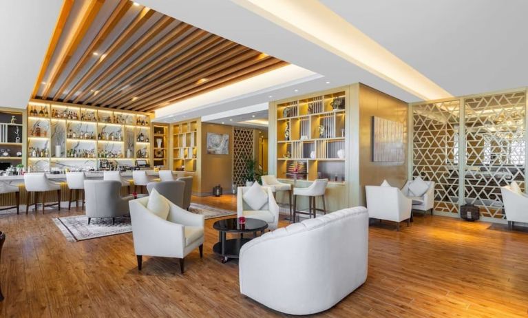 Lobby and coworking area at V Hotel Dubai.