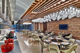 Dining and coworking space at V Hotel Dubai.