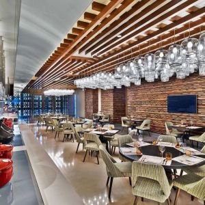 Dining and coworking space at V Hotel Dubai.