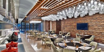 Dining and coworking space at V Hotel Dubai.