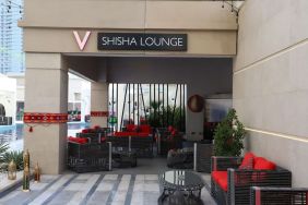 Street-side hotel lounge and restaurant at V Hotel Dubai.