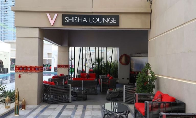 Street-side hotel lounge and restaurant at V Hotel Dubai.