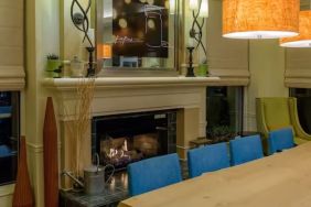 Lobby and coworking space with fire place at Hilton Garden Inn Kennett Square.