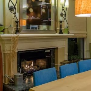 Lobby and coworking space with fire place at Hilton Garden Inn Kennett Square.