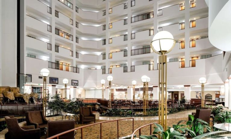 Lobby and lounge at Embassy Suites By Hilton Portland Airport.