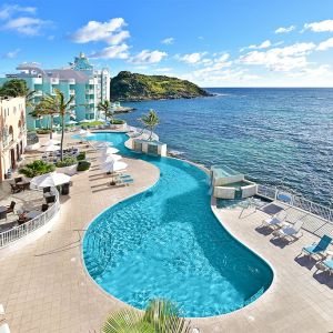 Daytime angle of glistening Infinity Pool at Oyster Bay Resort in St. Maarten.