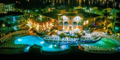 Nighttime lights of the Infinity Pool at Oyster Bay Resort in St. Maarten.