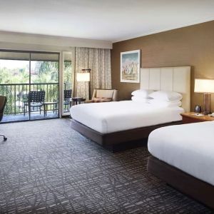 Two queen beds with balcony at DoubleTree By Hilton Ontario Airport.