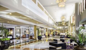 Lobby and hotel entrance at Laguardia Plaza Hotel.