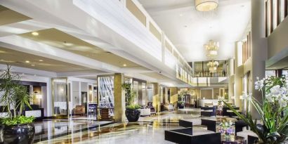 Lobby and hotel entrance at Laguardia Plaza Hotel.