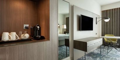 Spacious king room with coffee station at Hilton Aberdeen TECA.