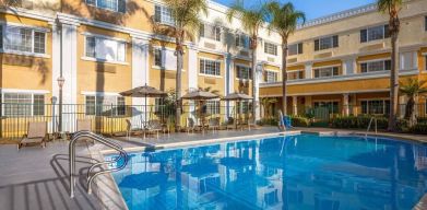 Outdoor pool area at Hotel Marguerite.