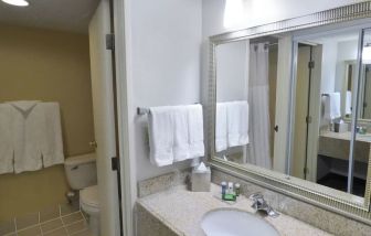 Guest bathroom with shower at Radisson Hotel Akron/Fairlawn.