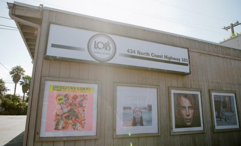 View of exterior of Lou's record shop in Encinitas, California.