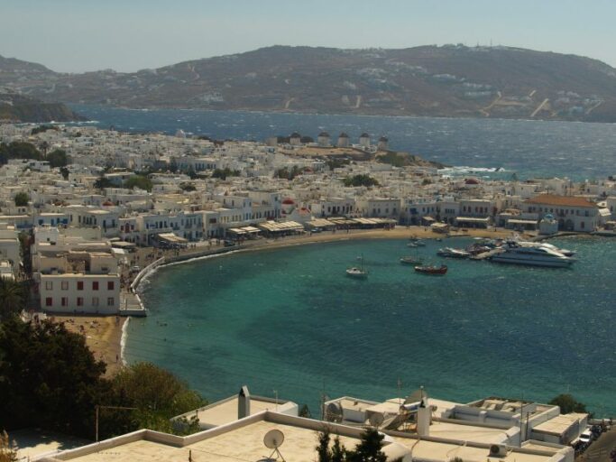 Zoomed-out view of Mykonos, Greece.