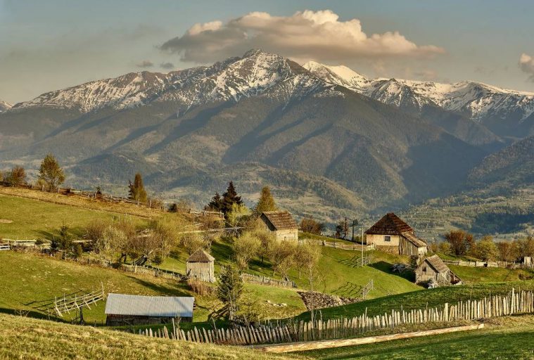 Stunning view of the countryside and Rodnei Mountains, Maramures, Romania.