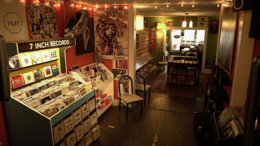 View of 7-inch LPs and other vinyl inside The Groove Records in Nashville.