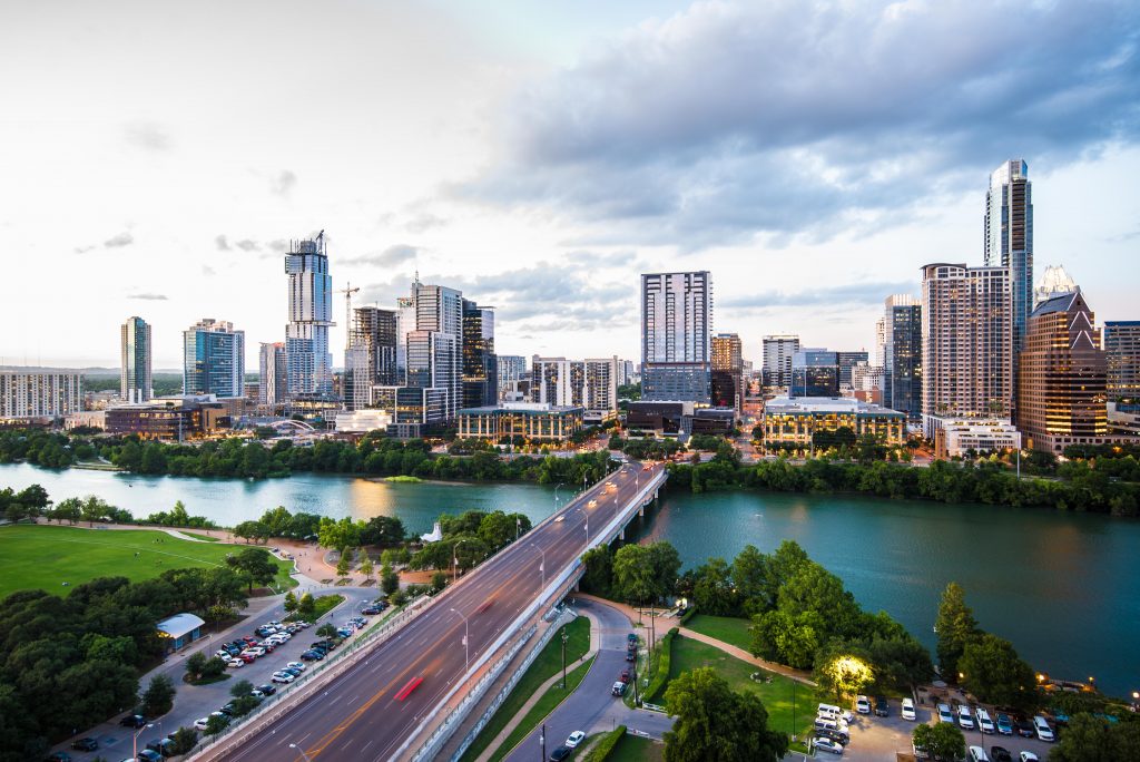 Houston, Texas looking at bridge over Buffalo Bayou and skyline.