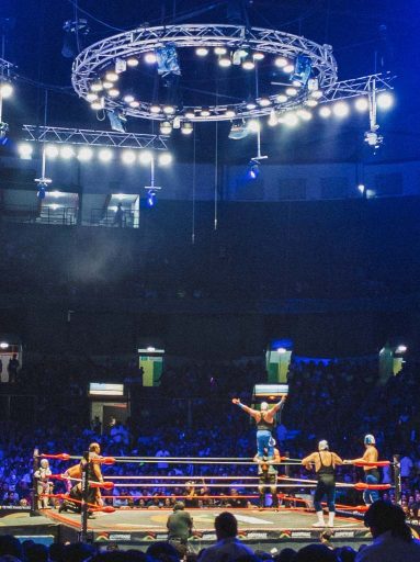 In a packed wrestling stadium, seven wrestlers occupy the ring and prepare for one wrestler to backflip off of the ropes.